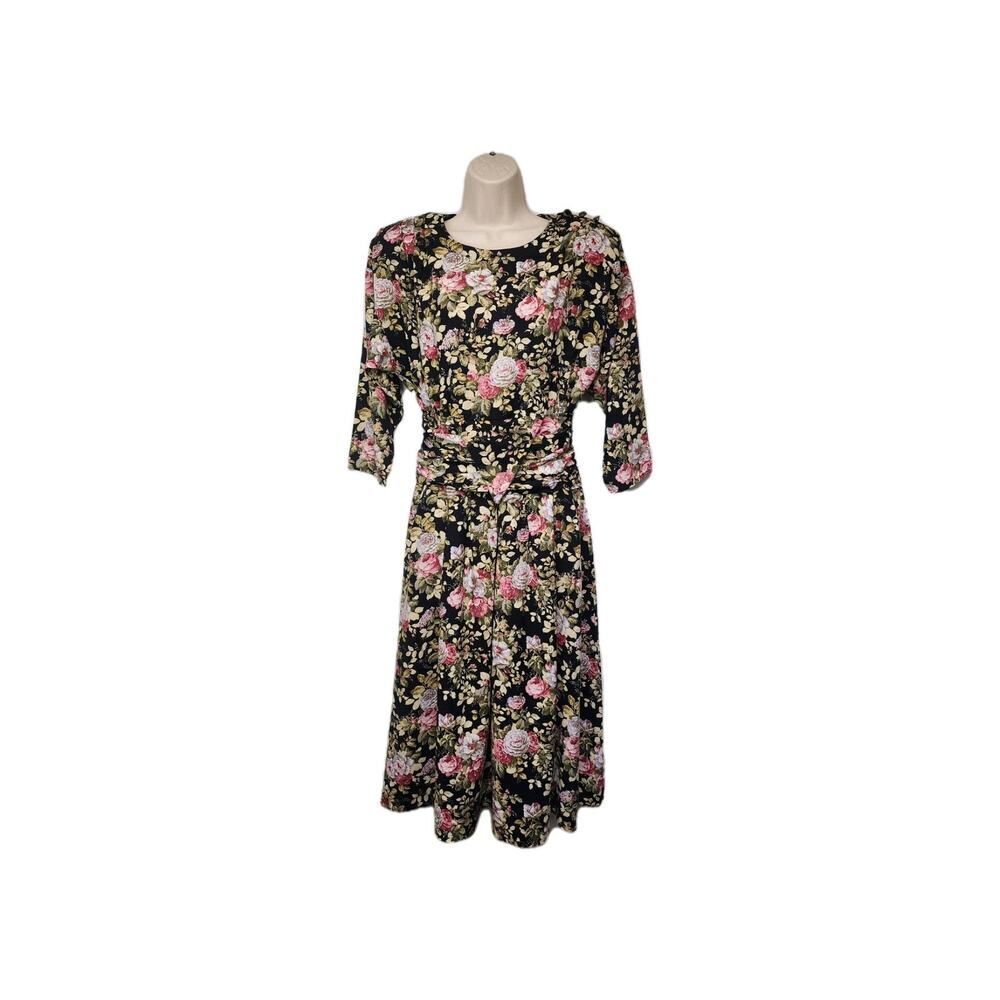 TJuniors Vintage 80s Paquette Floral Fit & Flare 3/4 Sleeve Dress Size 9